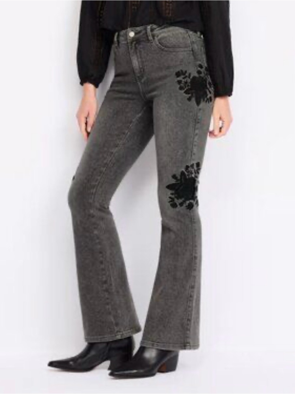 Gray Boot Cut Soft Goth Acid Wash Jeans with Black Floral Embroidery